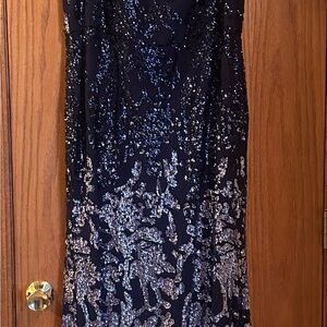 R&M Richards Navy Blue and Silver Sequin Gown